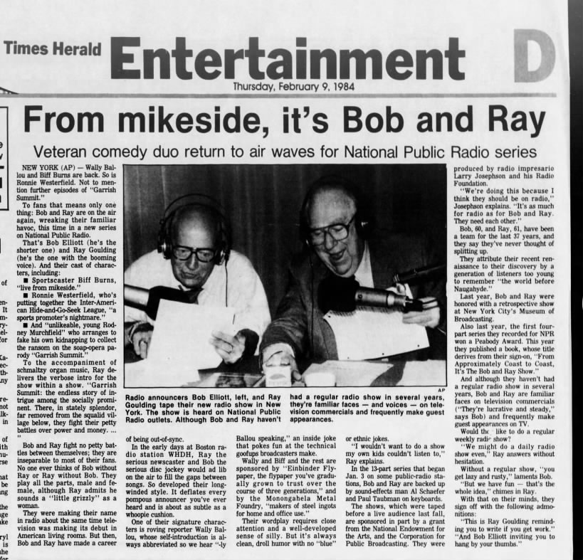AP, "From mikeside, it's Bob and Ray," The Times-Herald (Port Huron, MI), February 9, 1984,1D