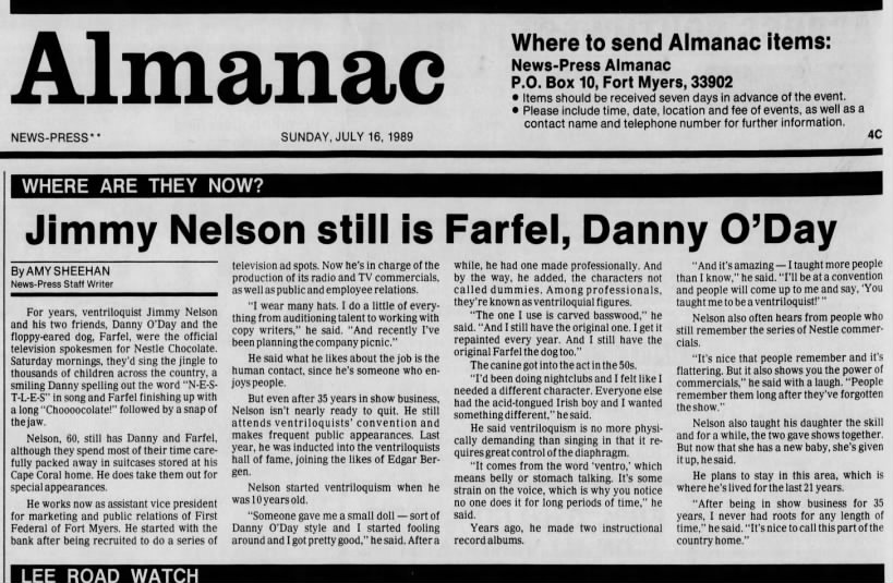 Amy Sheehan, "Jimmy Nelson still is Farfel, Danny O'Day," Fort Myers News-Press, 7/16/89