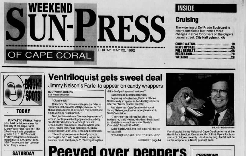 Cynthia Jordan, "Ventriloquist gets sweet deal," Sun-Press, May 22, 1992, 1A.