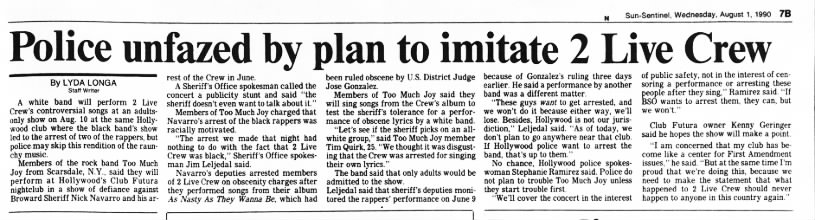 Police unfazed by plan to imitate 2 Live Crew, Sun Sentinel, Aug 1, 1990, 7B