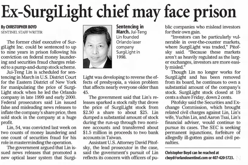 "Ex-SurgiLight chief may face prison," The Orlando Sentinel, 21 Dec 2002, C3.
