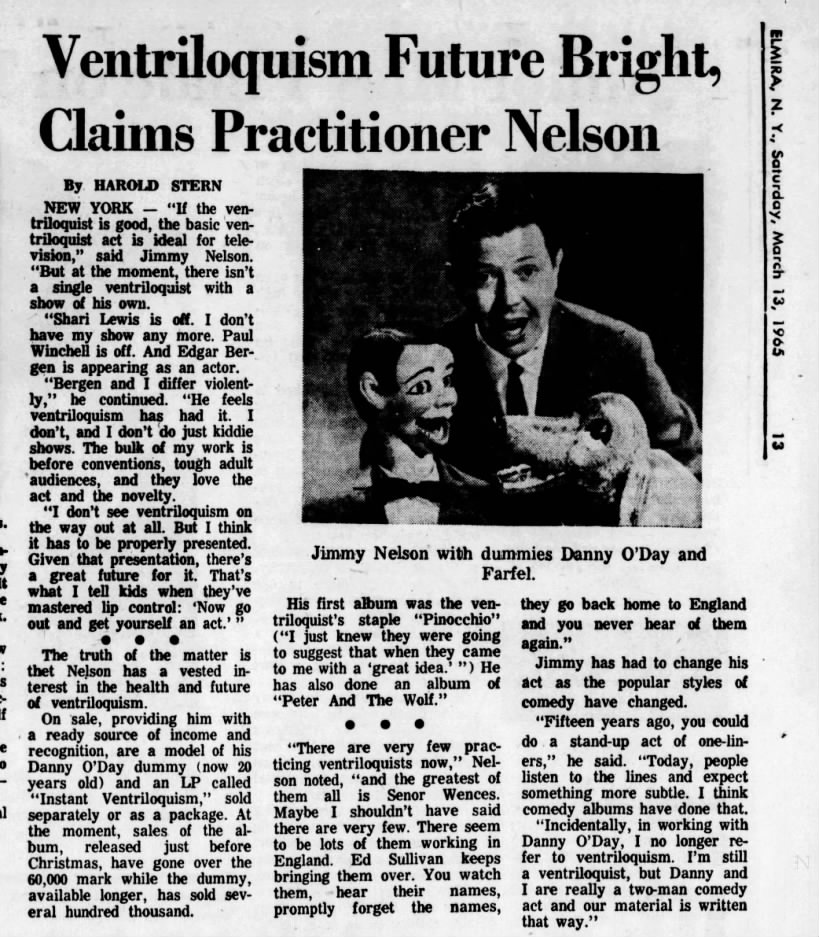 Harold Stern, "Ventriloquism Future Bright, Claims Practitioner Nelson," Star-Gazette, 3/13/65