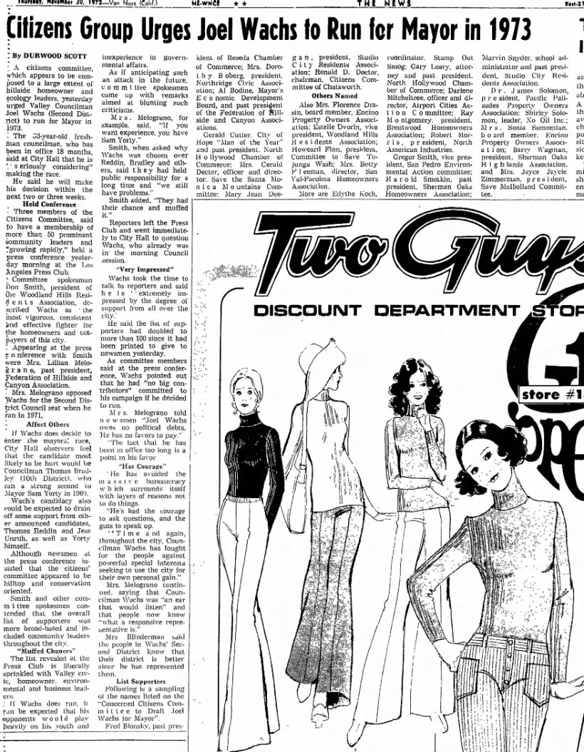 Durwood Scott, "Citizens Group Urges Joel Wachs to Run for Mayor in 1973," Valley News,11/30/72,21A