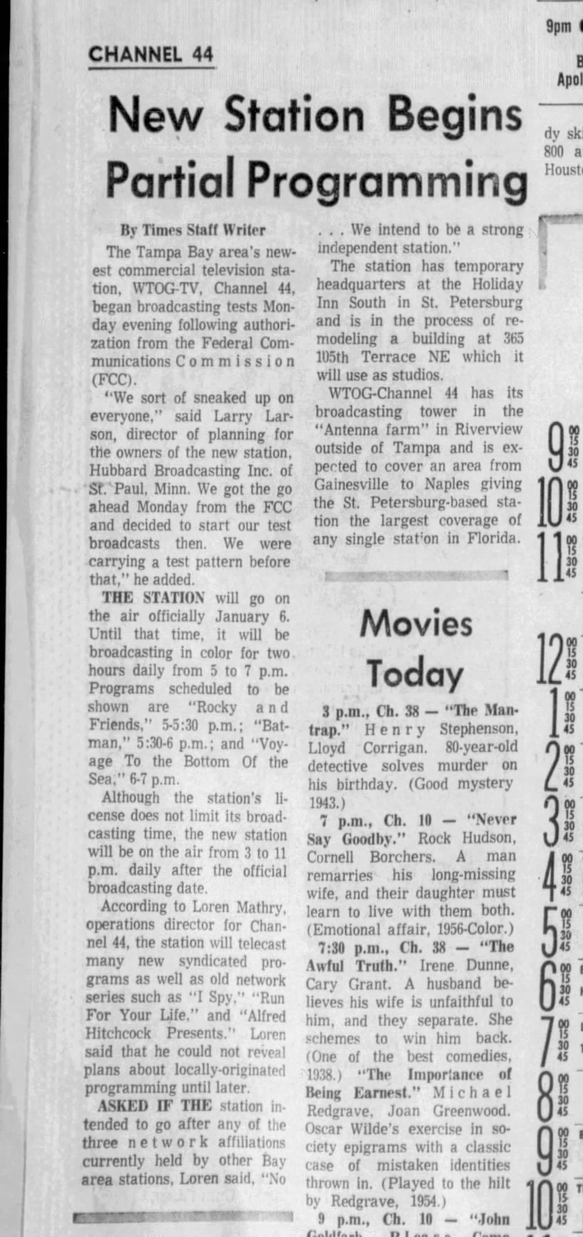 "Channel 44: New Station Begins Partial Programming," St. Petersburg Times, 11/6,68,10-D