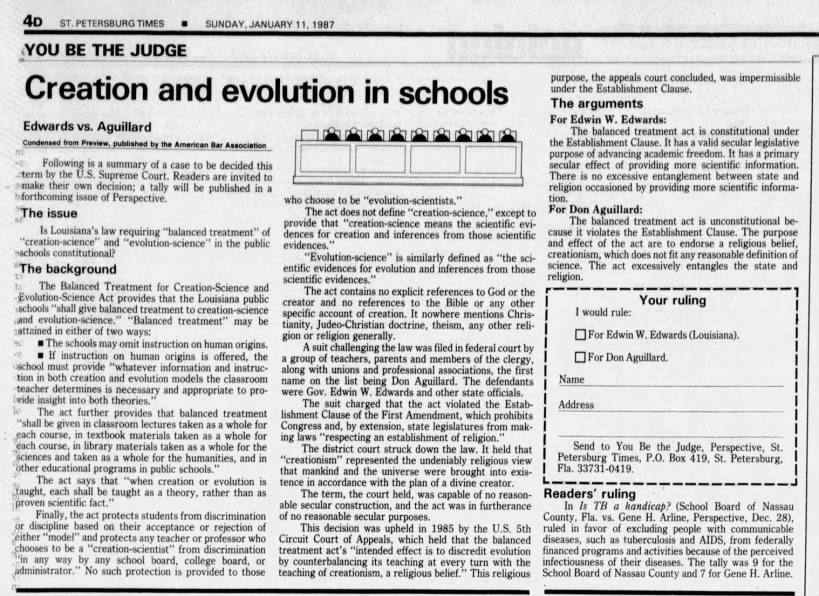 "Creation and evolution in schools," St. Petersburg Times, 11 Jan 1987, 4D