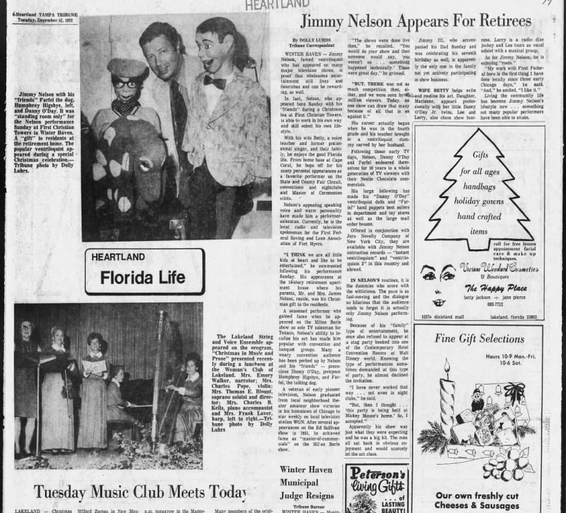 Dolly Luhrs, "Jimmy Nelson Appears for Retirees," Tampa Tribune, Dec 12, 1972, 6-Heartland