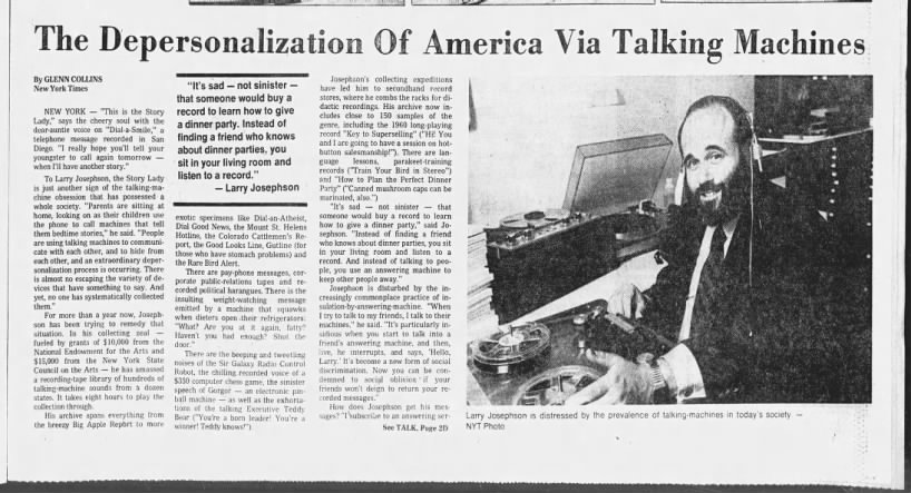 Glenn Collins, "The Depersonalization Of America Via Talking Machines," Tampa Tribune,10/2/80,D1