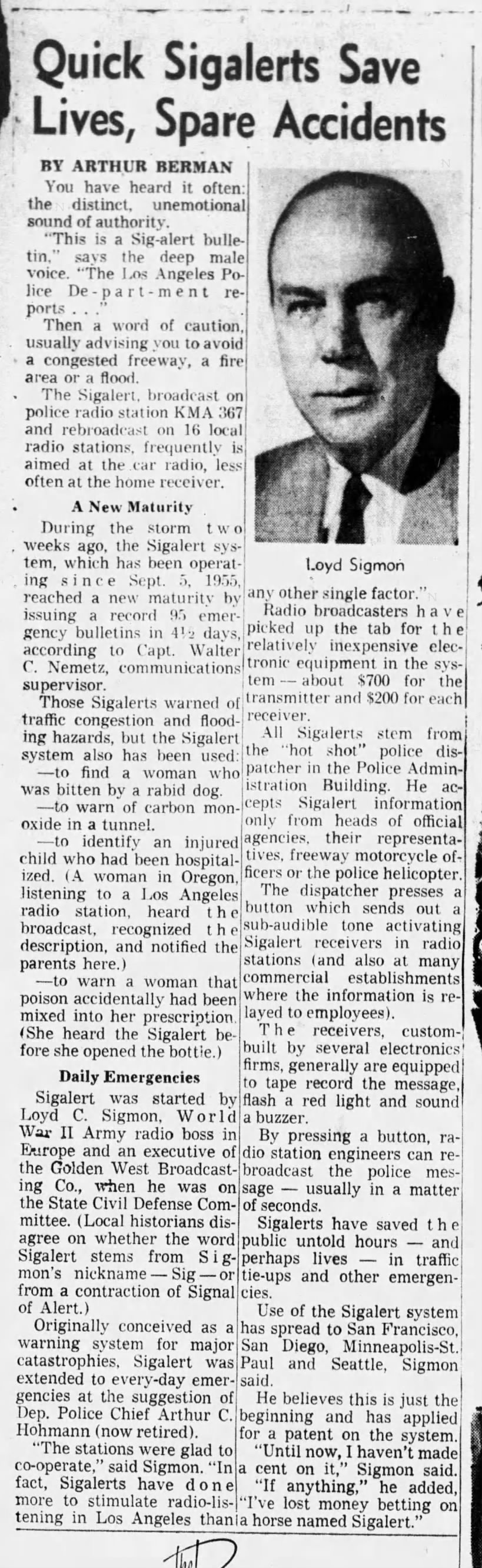 Arthur Berman, "Quick Sigalerts Save Lives, Spare Accidents," L.A. Times, February 25, 1962,F5