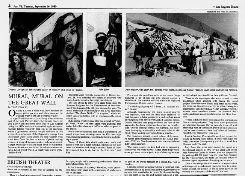 Ying Ying Wu, "Mural, Mural on the Great Wall," Los Angeles Times, September 16, 1980, VI-4