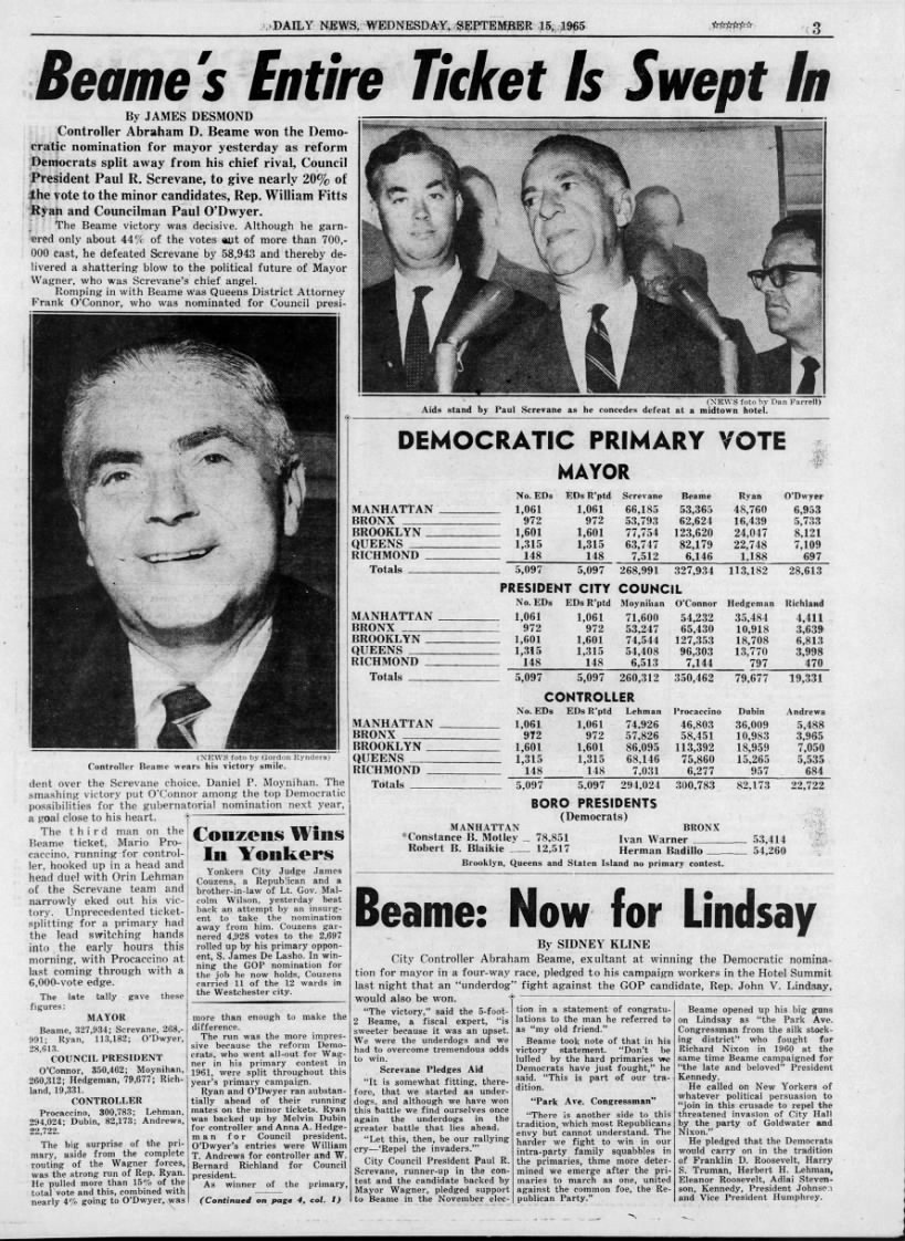 James Desmond, "Beame's Entire Ticket Is Swept In," Daily News, September 15, 1965, 3