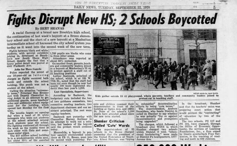 Bert Shanas, "Fights Disrupt New HS; 2 Schools Boycotted," Daily News, September 22, 1970, 5