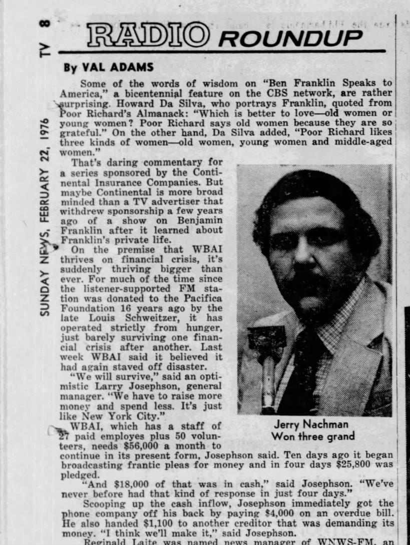 Val Adams, "Radio Roundup," Daily News, February 22, 1976, TV-8.