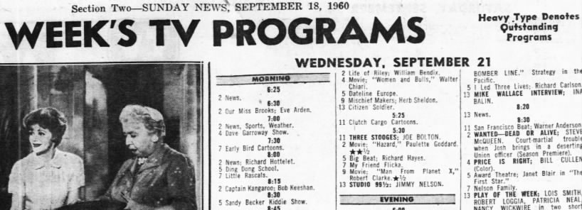 Studio 99½ in "Week's TV Programs," NY Daily News, 18 Sep 1960, 18-19.