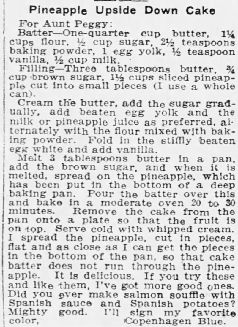 "Household Department: Pineapple Upside Down Cake," Boston Globe, December 21, 1925, 17.