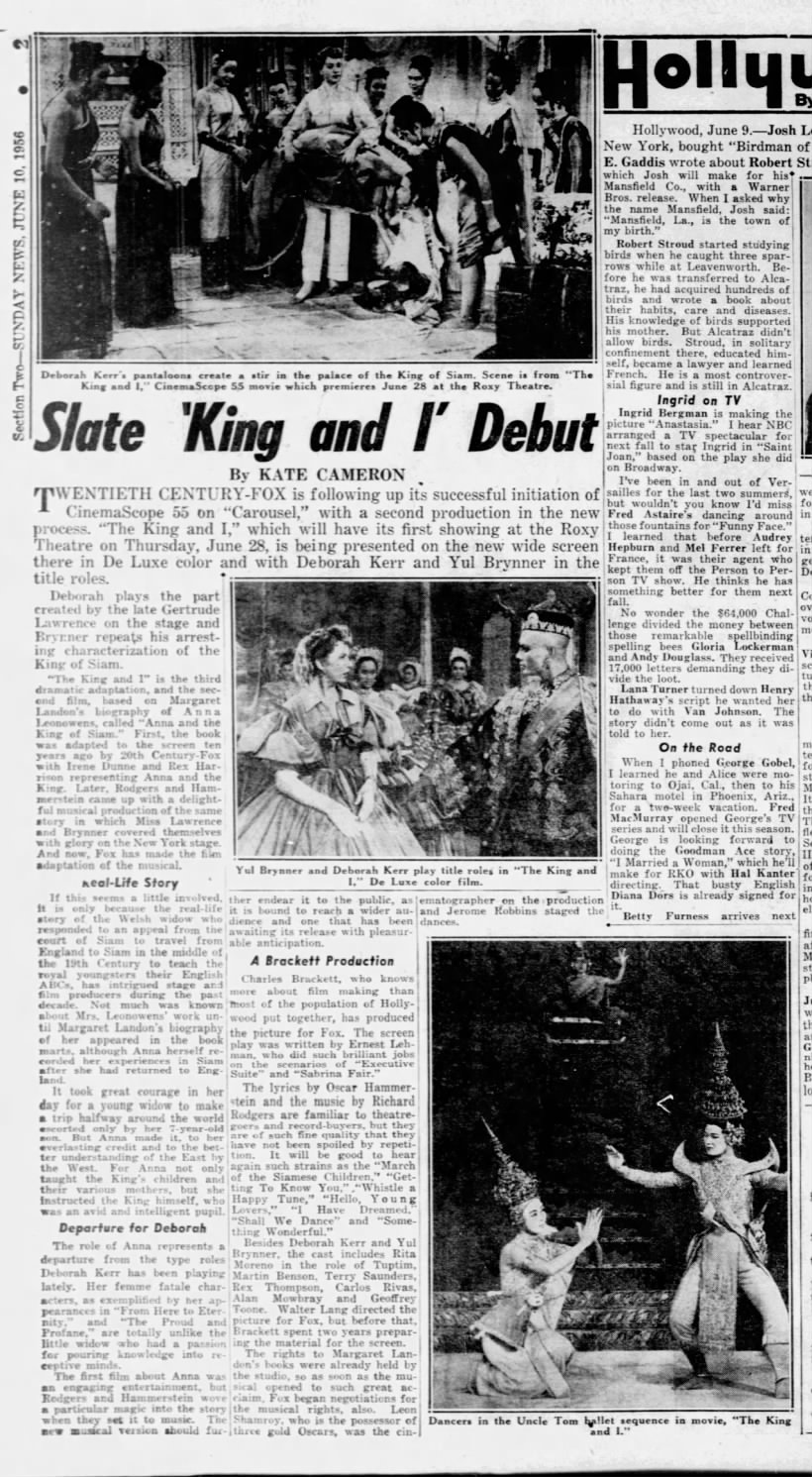 Kate Cameron, "Slate 'King and I' Debut," New York Daily News, 10 June 1956, Sec. 2, Page 2.