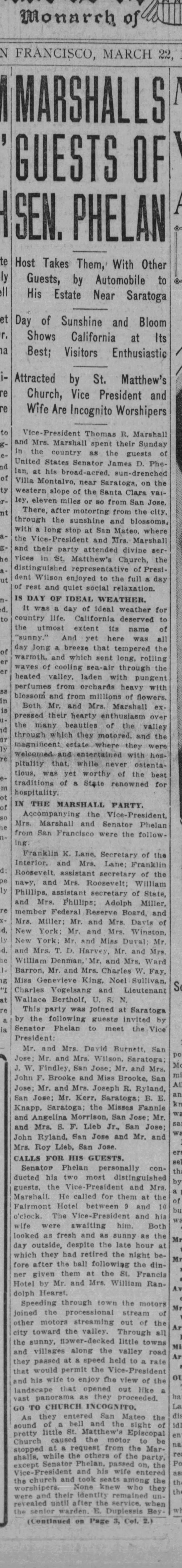 "Marshalls Guest of Sen. Phelan," San Francisco Examiner, March 22, 1915, 1.