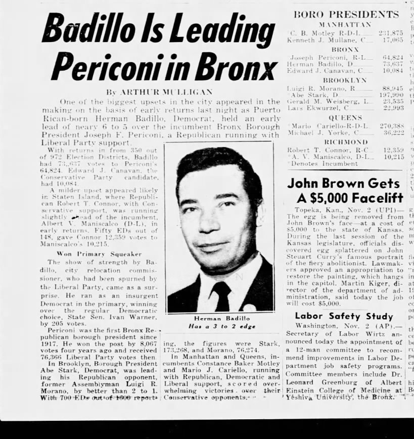 Arthur Mulligan, "Badillo Is Leading Periconi in Bronx," Daily News, November 3, 1965, 3