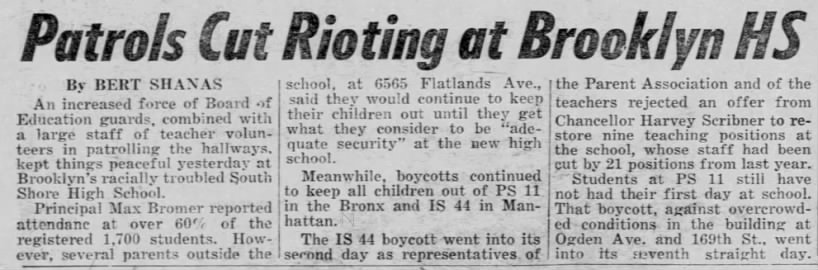 Bert Shanas, "Patrols Cut Rioting at Brooklyn HS," Daily News, 9/23/70, 5