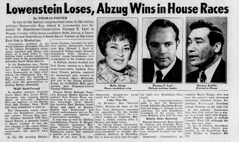 Thomas Poster, "Lowenstein Loses, Abzug WIns in House Races," Daily News, November 4, 1970, 5