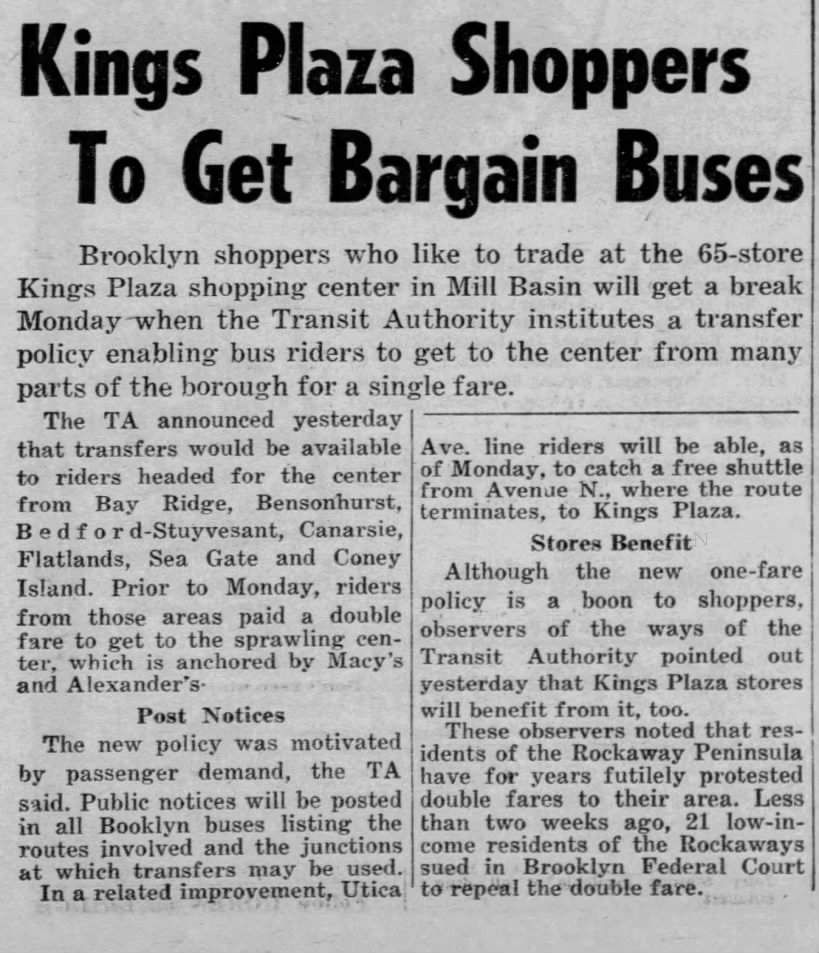 "Kings Plaza Shoppers To Get Bargain Buses," Daily News, 21 Nov 1970, 15.