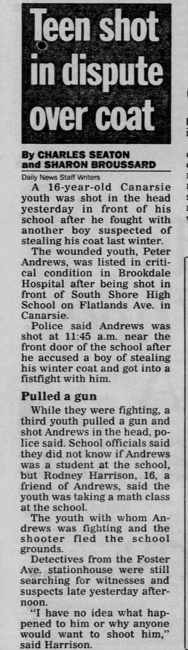 Charles Seaton & Sharon Broussard, "Teen shot in dispute over coat," Daily News, 7/11/90,KSI1