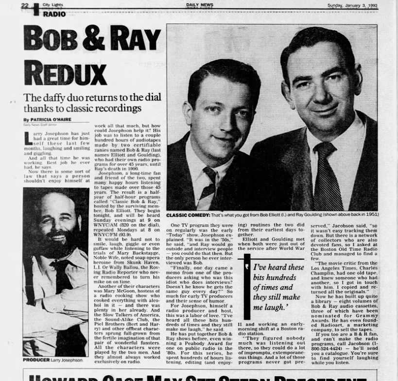 Patricia O'Haire, "Bob & Ray Redux," Daily News, January 3, 1993, City Lights-22.