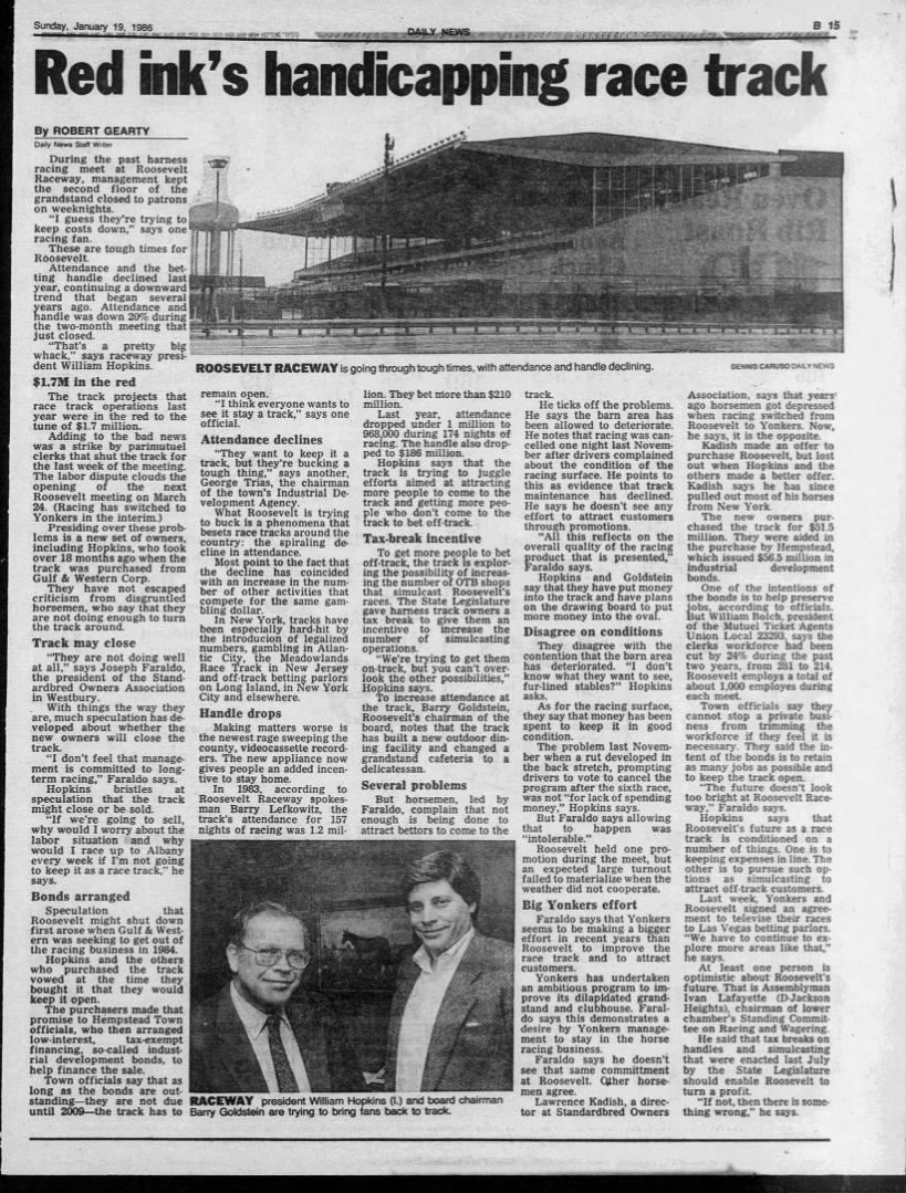 Robert Gearty, "Red ink's handicapping race track," Daily News, January 19, 1986, B15.