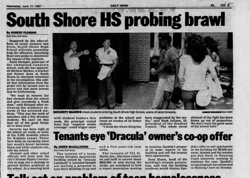 Robert Fleming, "South Shore HS probing brawl," June 17, 1987, KSI 3.