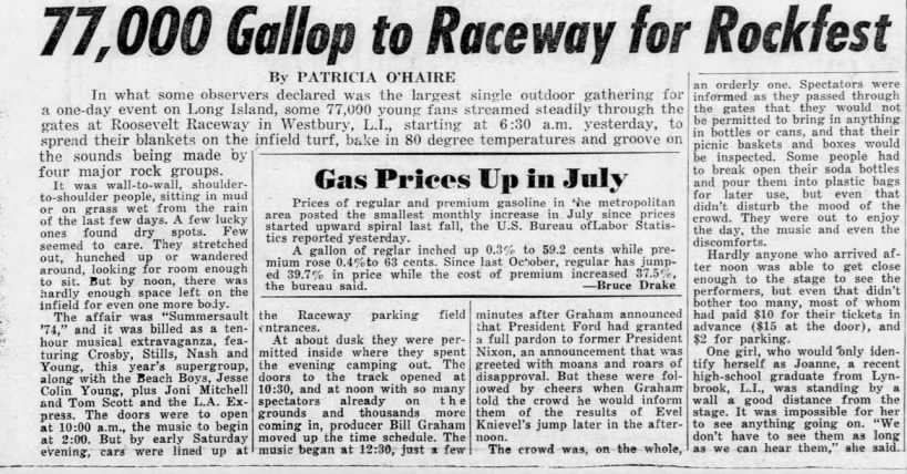 Patricia O'Haire, "77,000 Gallop to Raceway for Rockfest," Daily News, September 9, 1974, 5.