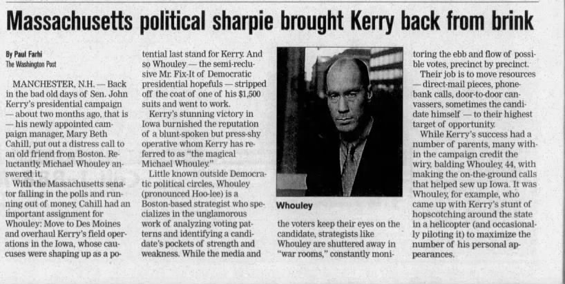 Paul Farhi, "Massachusetts political sharpie brought Kerry back from brink," Citizens' Voice,1/28/04
