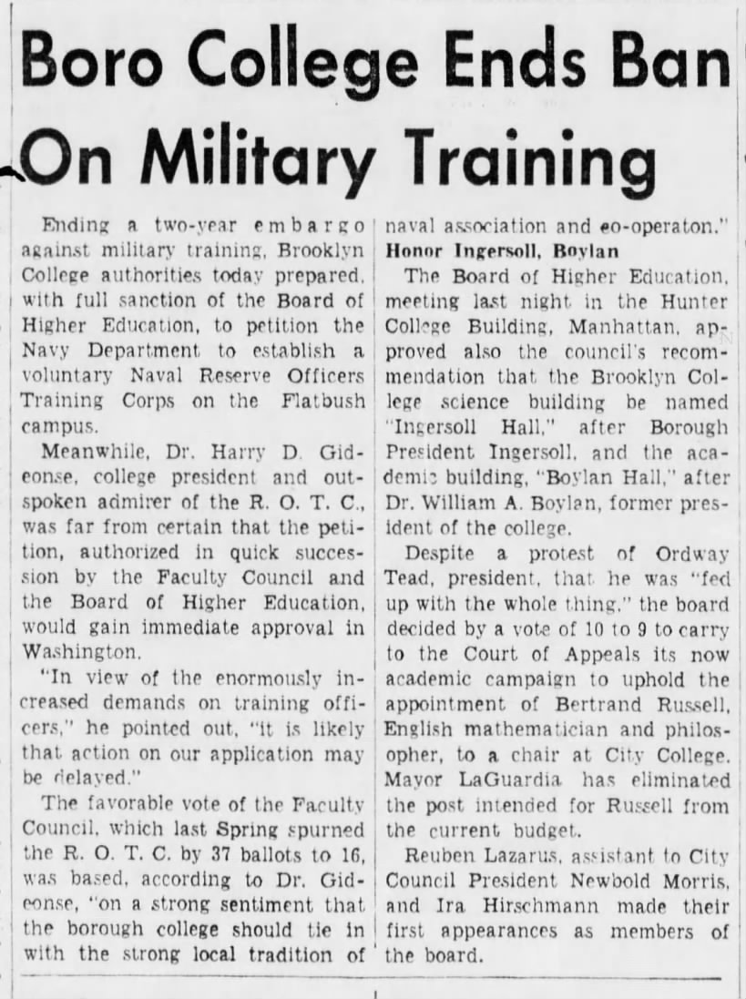 "Boro College Ends Ban On Military Training," Brooklyn Eagle, September 24, 1940