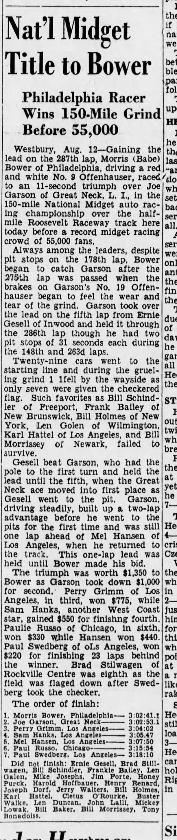 "Nat'l Midget Title to Bower," Brooklyn Daily Eagle, 13 Aug 1939, 31.