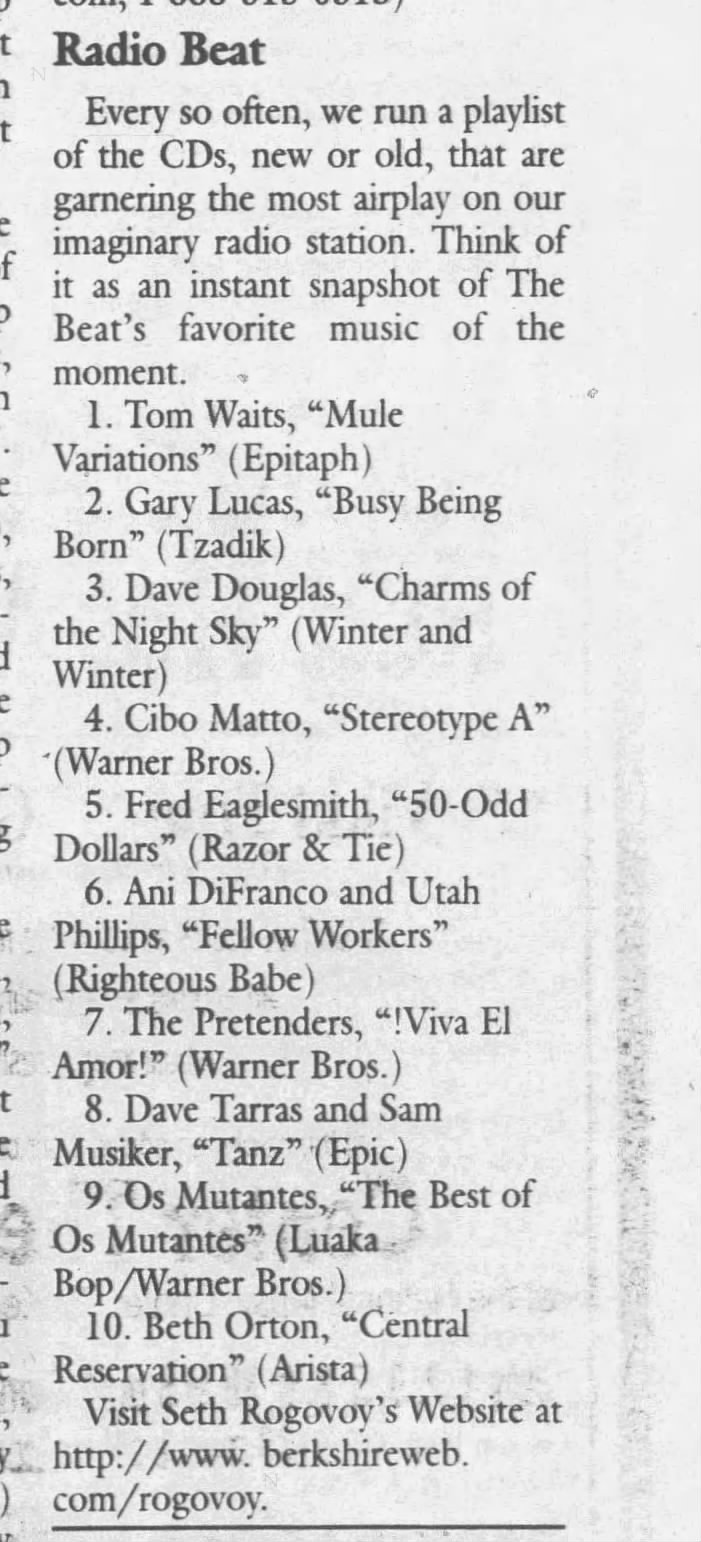 Seth Rogovoy, "Radio Beat," The Berkshire Eagle, 1 July 1999, 12