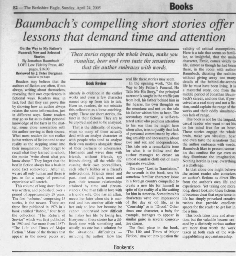 J. Peter Berman, "Baumbach's compelling short stories offer lessons that demand time and attention."