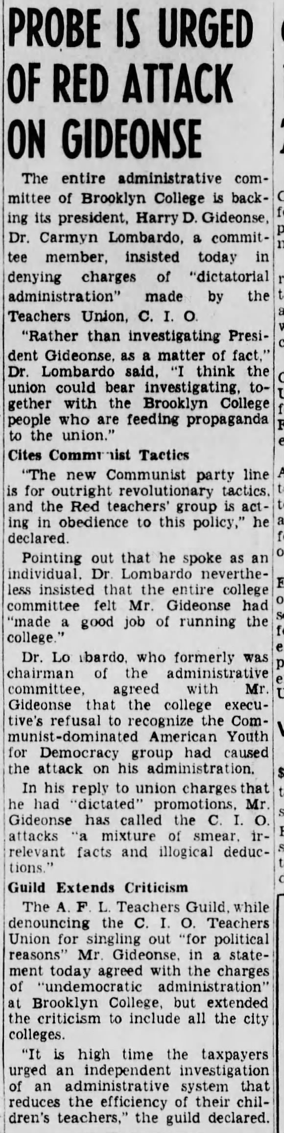 "Probe Is Urged of Red Attack on Gideonse," Brooklyn Eagle, May 7, 1946, 1