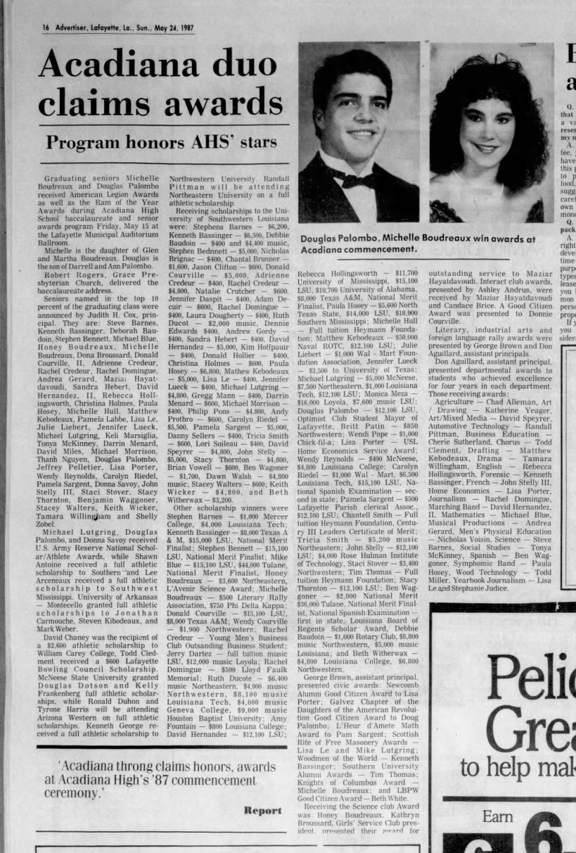 "Acadiana duo claims awards," Daily Advertiser (Lafayette, LA), 24 May 1987, 16