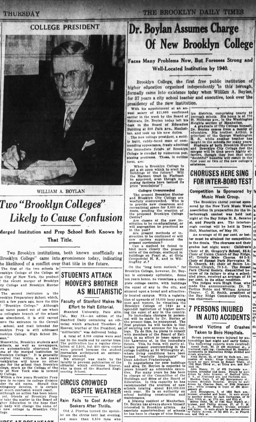 "Dr. Boylan Assumes Charge of New Brooklyn College," The Brooklyn Daily Times, 5/15/30