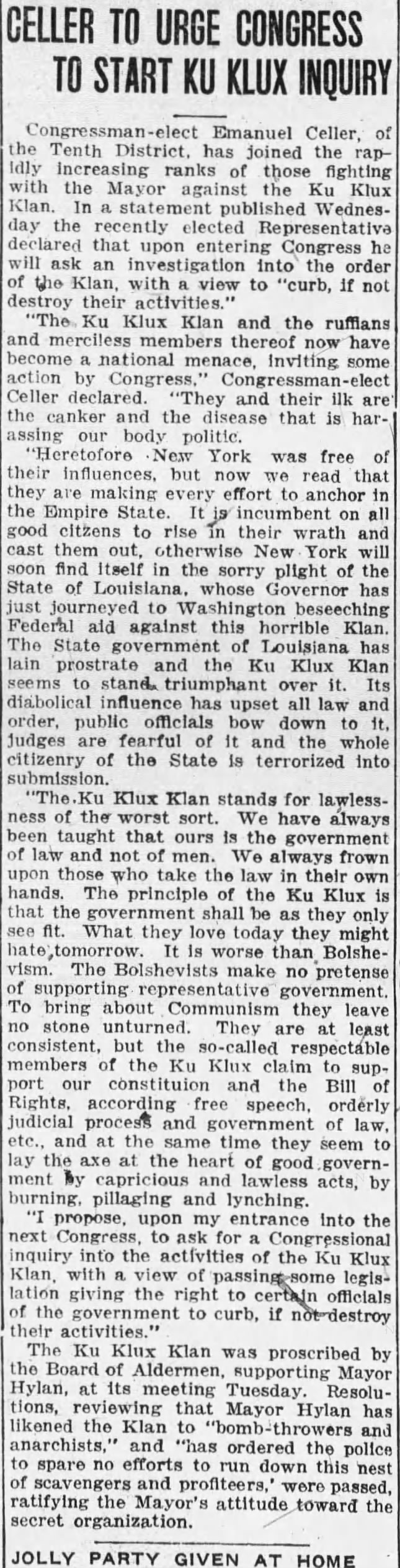 "Celler to Urge Congress to Start Ku Klux Inquiry," The Chat (Brooklyn, NY), December 2, 1922,10