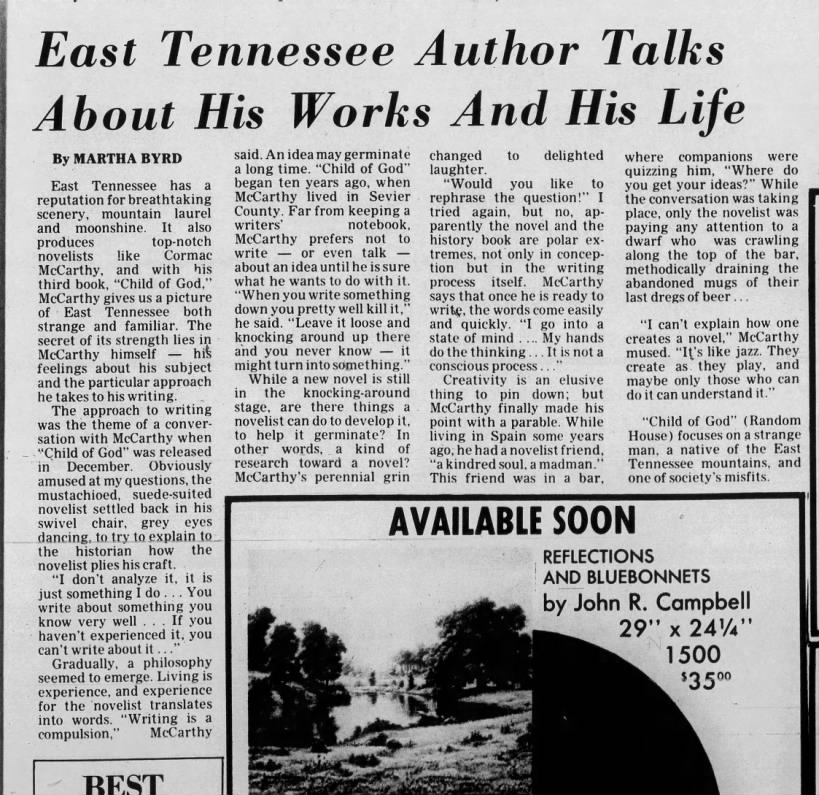 Martha Byrd, "East Tennessee Author Talks About His Works And His Life," Kingsport Times-News