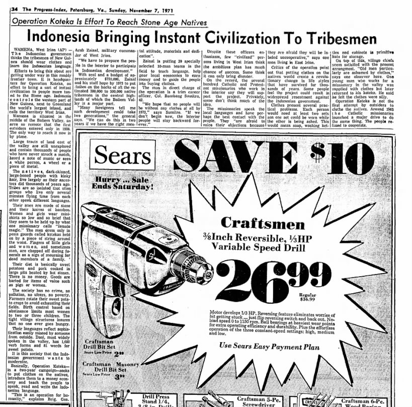 AP, "Indonesia Bringing Instant Civilization to Tribesmen," The Progress-Index, 11/8/71