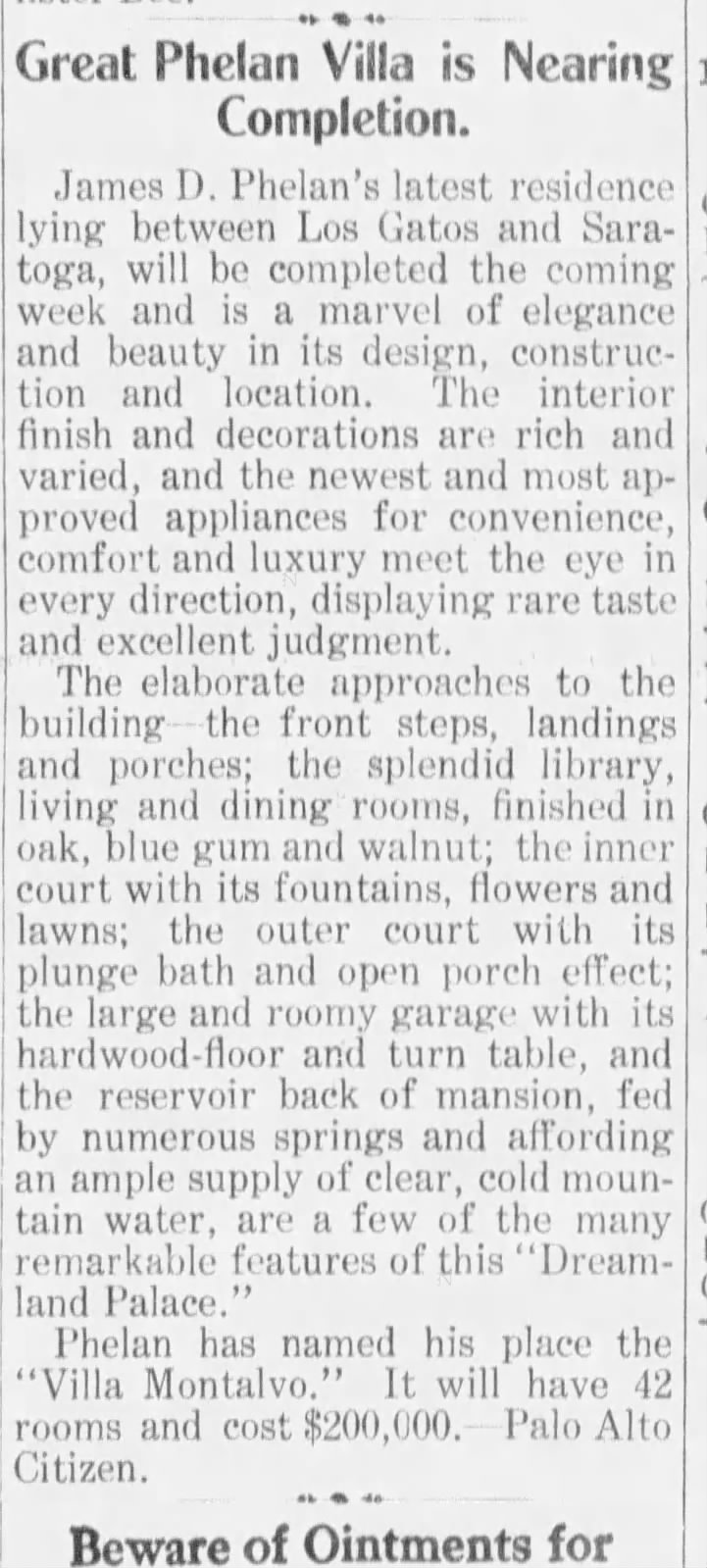 "Great Phelan Villa is Nearing Completion," Los Gatos (California) Mail, March 13, 1913, 5