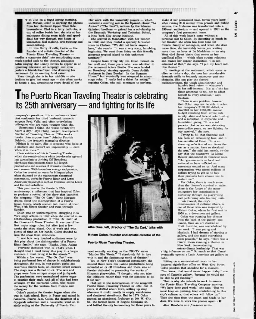 Alan Mirabella, "The Puerto Rican Traveling Theater...," NY Newsday, April 20, 1992