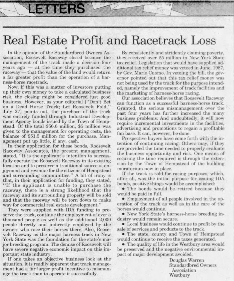 "Real Estate Profit and Racetrack Loss," Newsday, 8/10/88, 73