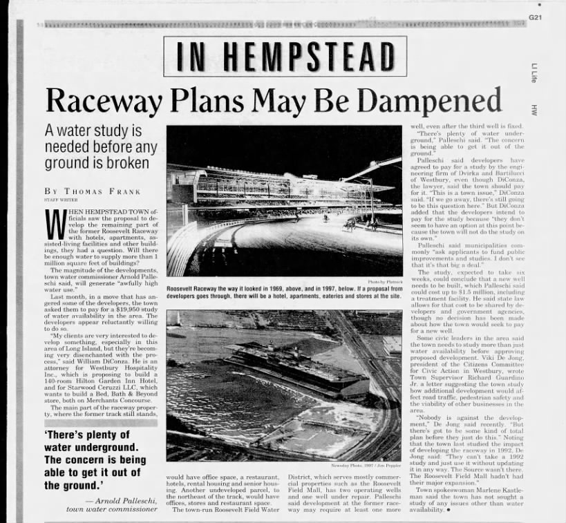 "Raceway Plans May Be Dampened," Newsday, October 3, 1999, G21