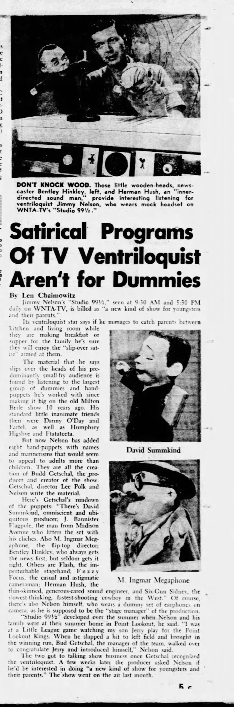 Lee Chaimowitz, "Satirical Programs Of TV Ventrilioquist Aren't for Dummies," Newsday, 10/26/60