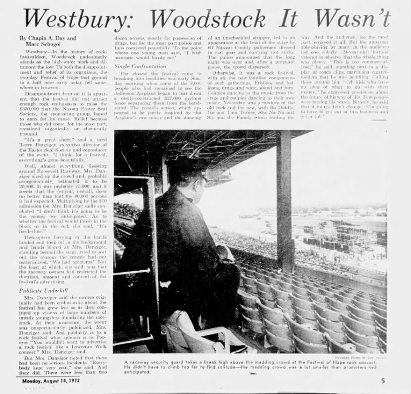 Chapin A. Day and Mark Schogol, "Westbury: Woodstock It Wasn't," Newsday, 8/14.72,5