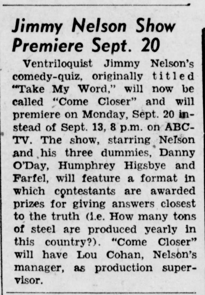 "Jimmy Nelson Show Premiere Sept. 20," San Rafael Daily Independent Journal, 9/11/54, T2.