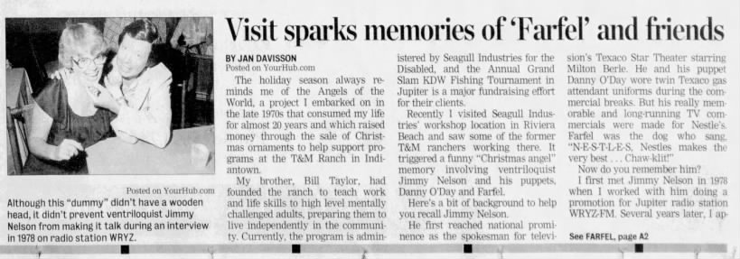 Jan Davidson, "Visit sparks memories of 'Farfel' and friends," Jupiter Courier, 16 Dec 2007, p. 1