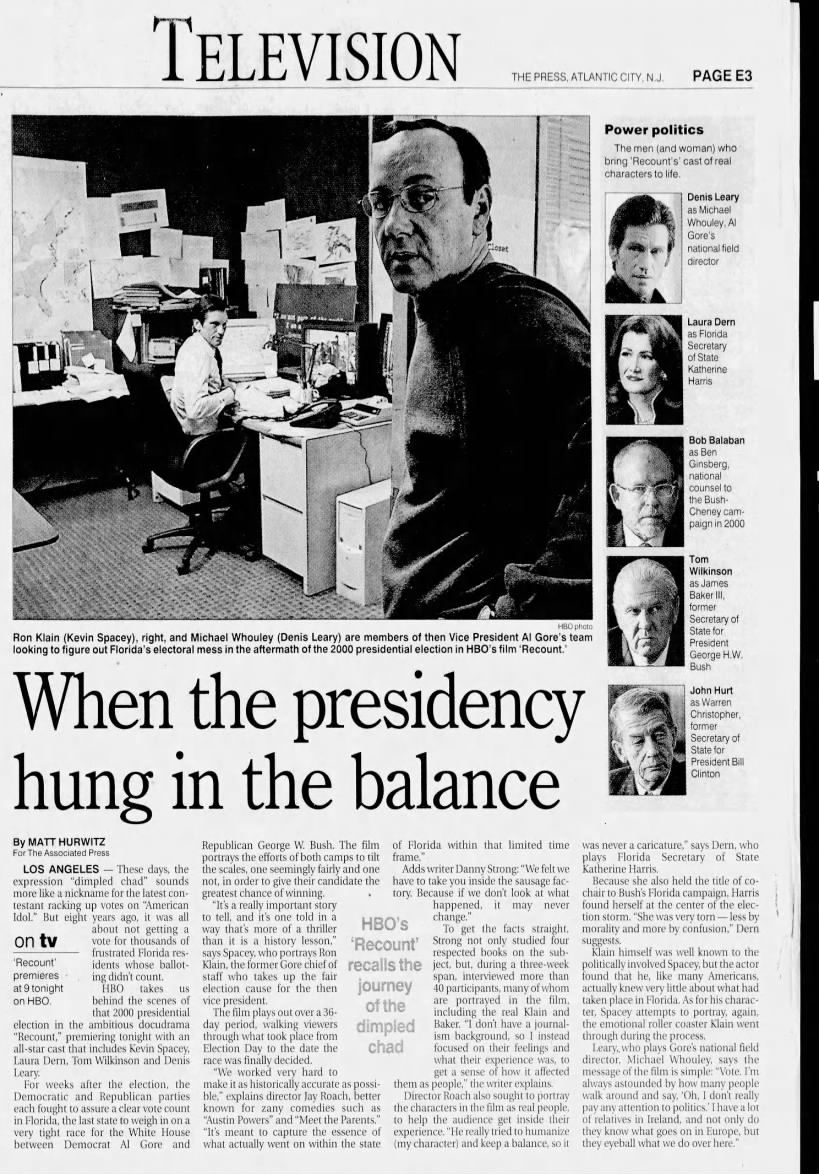 Matt Hurwitz, "When the presidency hung in the balance," Press of Atlantic City, May 25, 2008, E3.