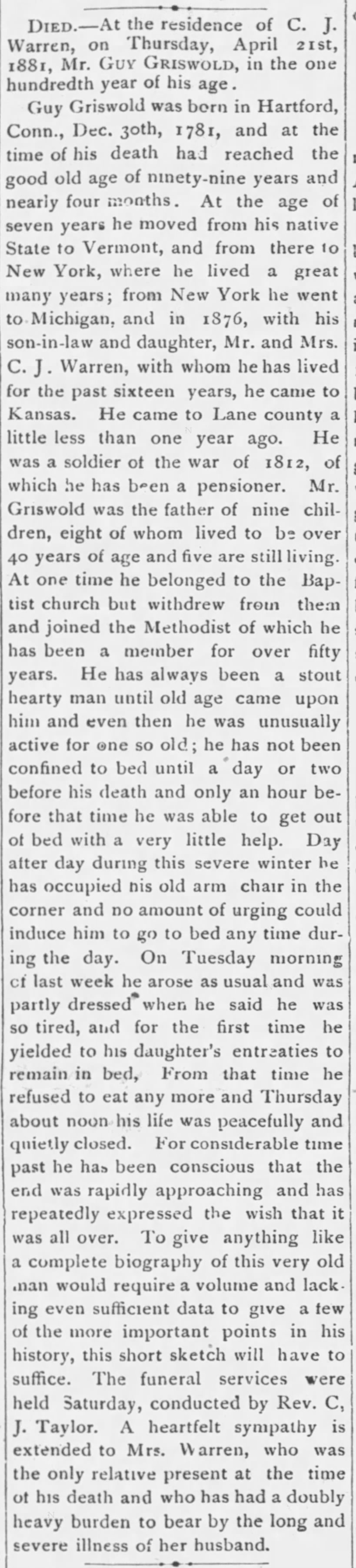 Long obit for Guy Griswald says he had 9 children, 8 lived over the age of 40, 5 were alive in 1881
